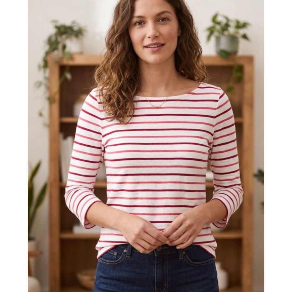 LOFT 2023 Striped Harbor Tee Three Quarter Sleeve Cotton Women's Size XS